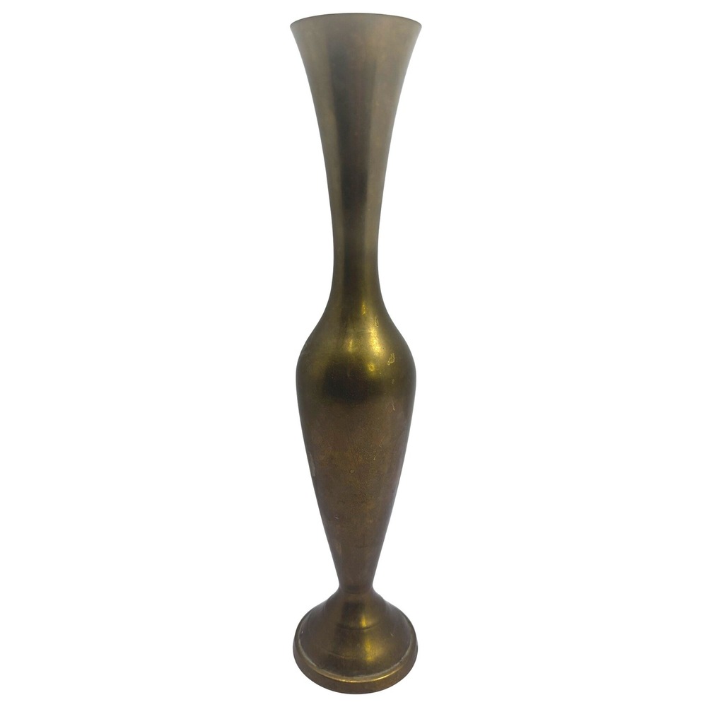 Vintage Solid‎ Brass Bud Vase Tall Slender Flared Rim Pedestal Base Aged Patina